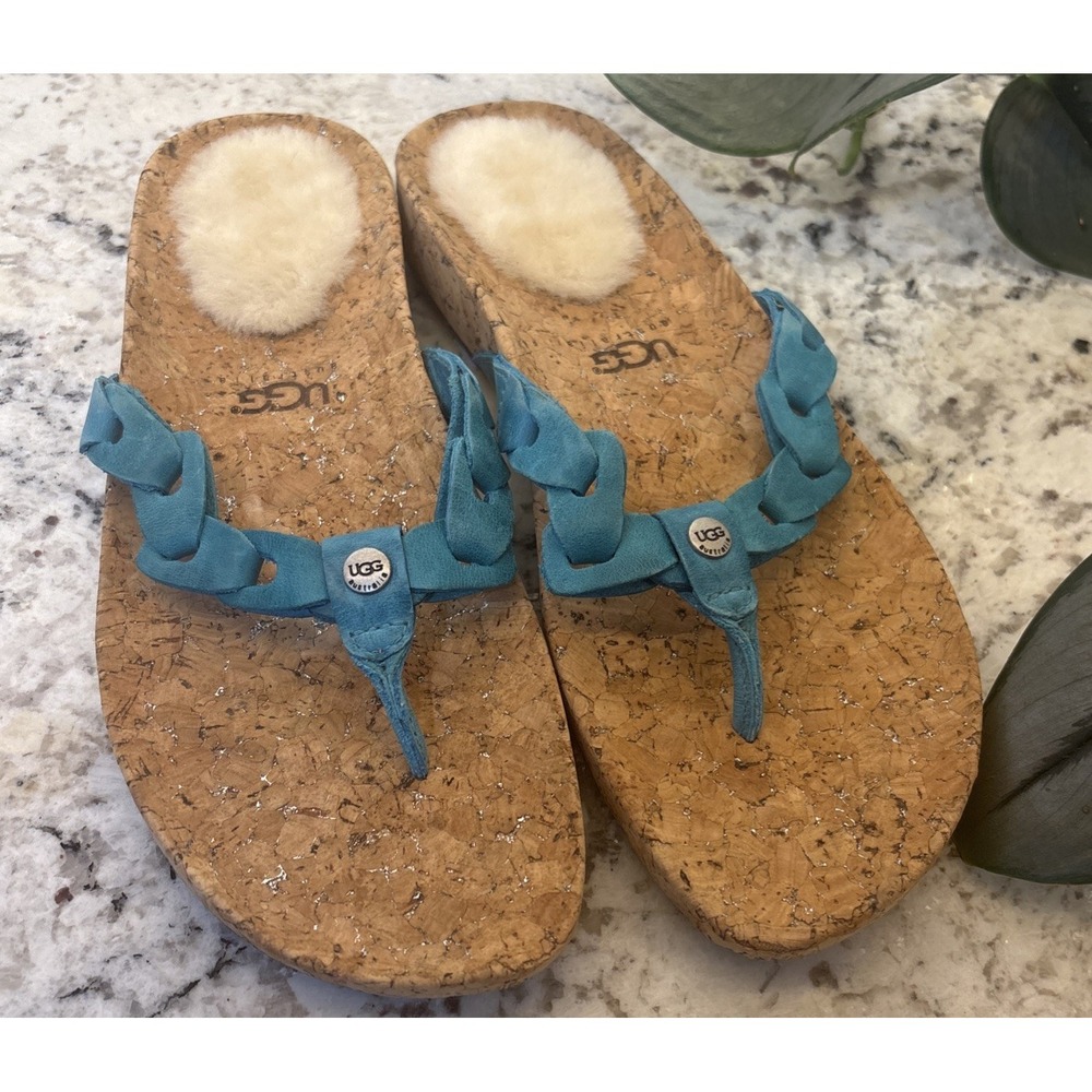 Authentic UGG Australia Cork Bottom Flip Flops Woman's 7 Teal Blue Thong‎ Summer